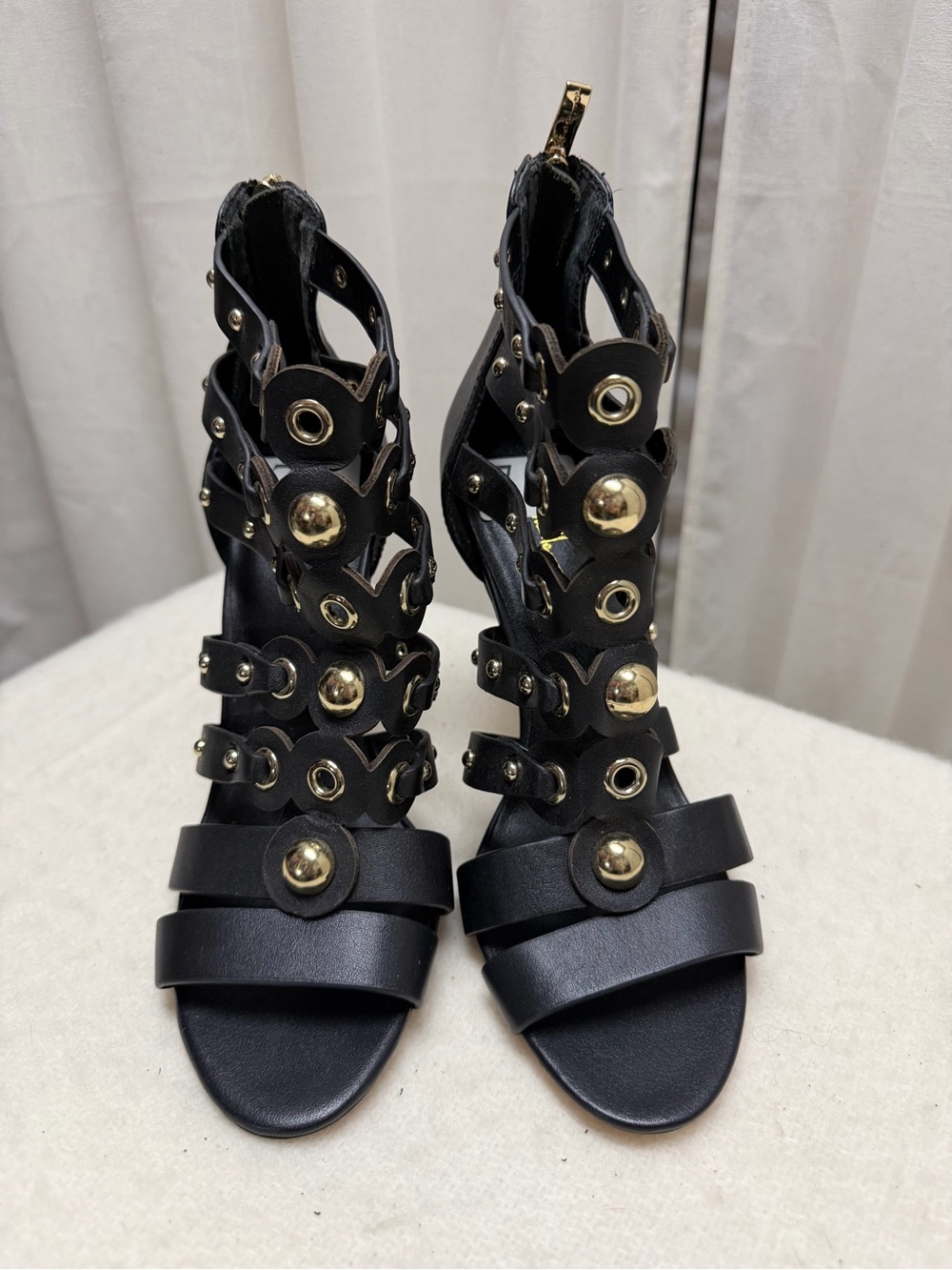 Nicole Miller Black Strappy Gladiator Heels with Gold Accents